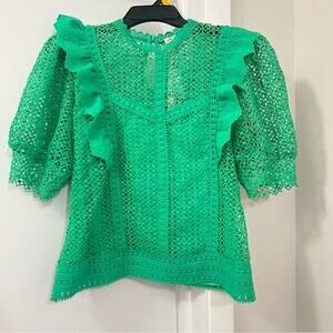 Ultra Pink Green Crochet Ruffle Front Top Size Medium
